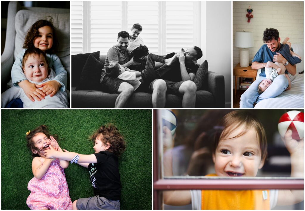Photo collage containing 5 images in the style of documentary family photography. All images are joyful and energetic.