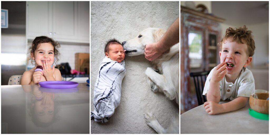 Photo collage containing 3 documentary family photos: the first of a little girl, shirtless eating a popsicle and laughing, the second of a newborn baby being kissed by a labrador pup, the third of a toddler munching on some food and making funny faces.
