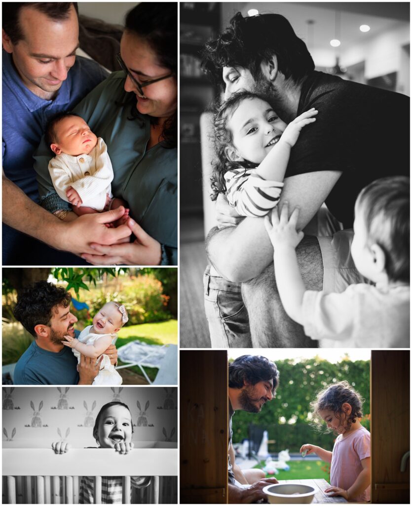 Photo collage containing 5 photos of documentary family photography - in each parents are connecting with their children in a genuine and joyful way.