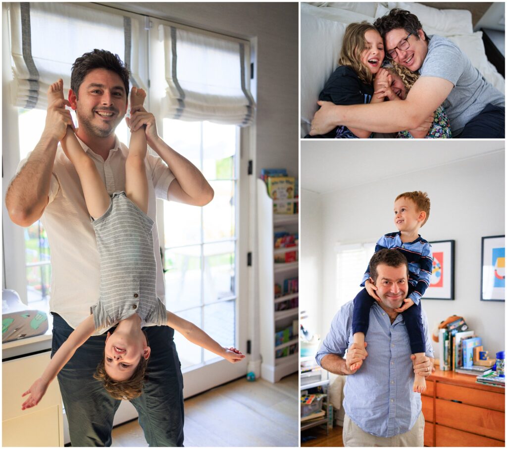 Photo collage of dads and their toddlers illustrating what to wear for family photos.