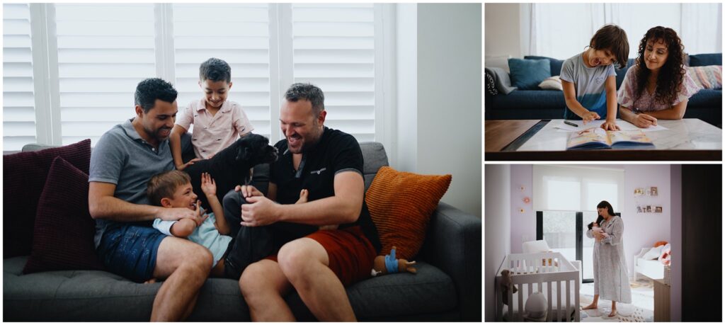 Photo collage with three photos of at-home family photo sessions. One photo of two dads with their two twin sons, a photo of a single mother with her son as they color, and the last photo of a mother with her newborn baby girl in the nursery.