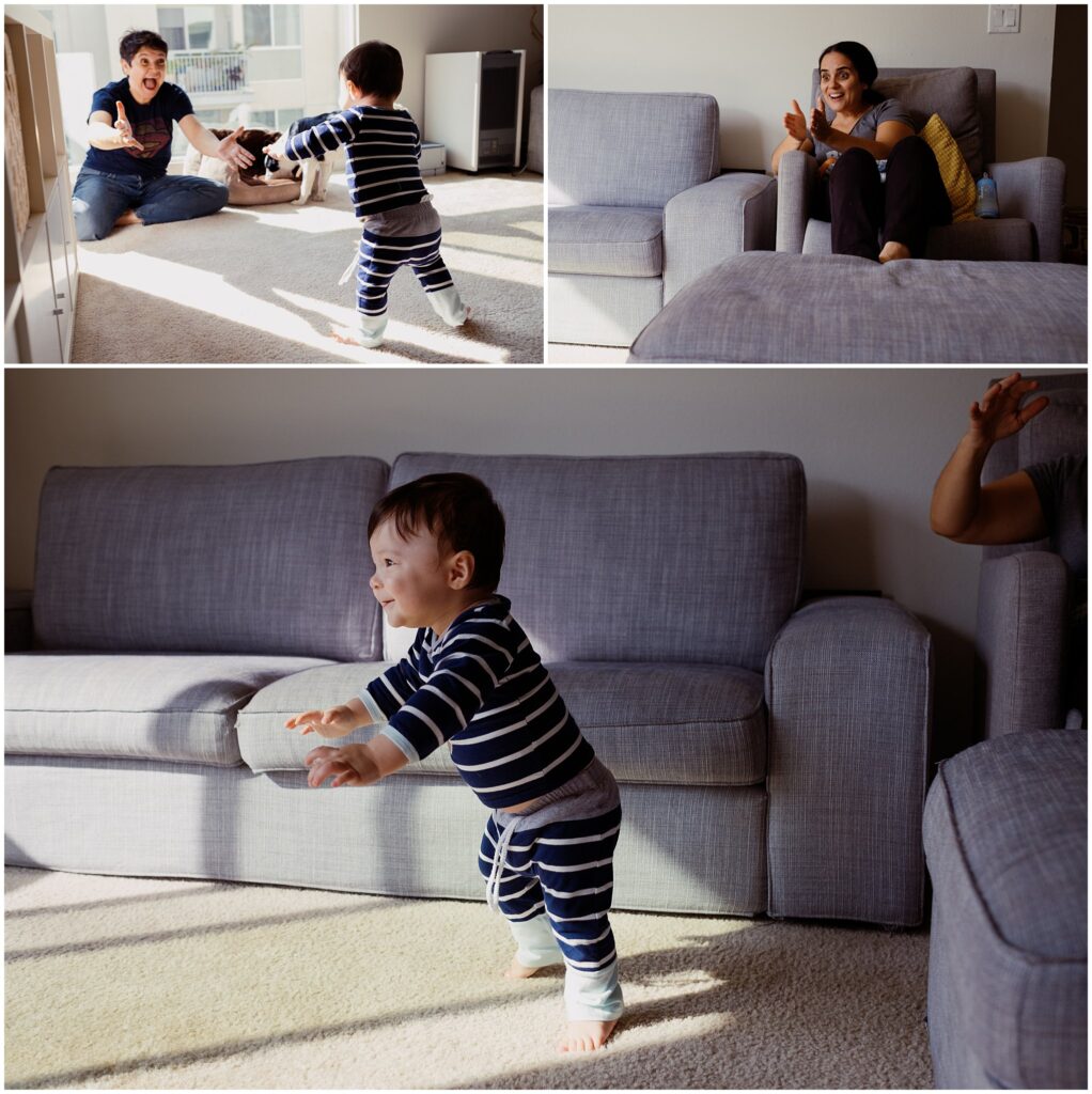 A photo collage with three photos telling the story of baby's first steps. In the first photo, mom is watching him in awe and surprise, the second photo shows his other mother surprised and proud, and the third photo is of the baby taking his first steps.