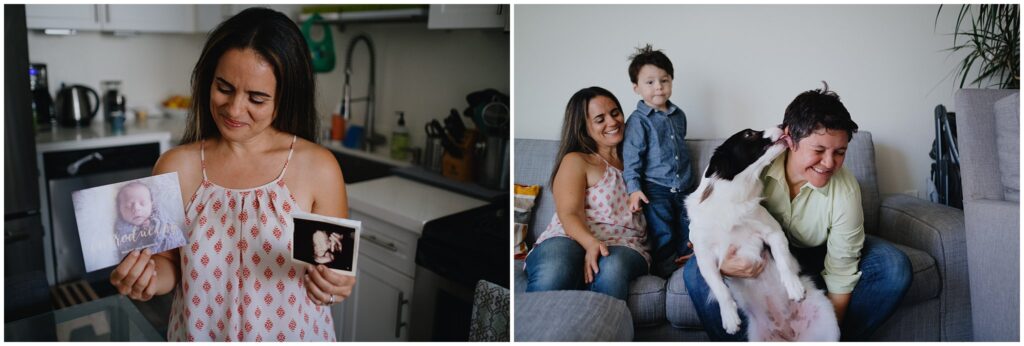 Two photos: the first of a mom showing the camera a sonogram photo, the other a family photo taken on the couch of two moms, a toddler, and a dog licking mom's face. 