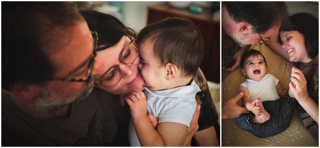 A photo collage of two images; the first of a family of three holding each other close and touching faces, the second of two parents playing with their toddler.