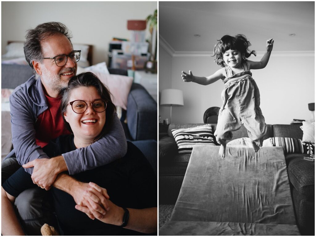 A photo collage with two images; the first of a married couple as the husband embraces his wife from behind as they both face the camera, the other a black & white image of a toddler playfully flying through the air about to land on a cushion.