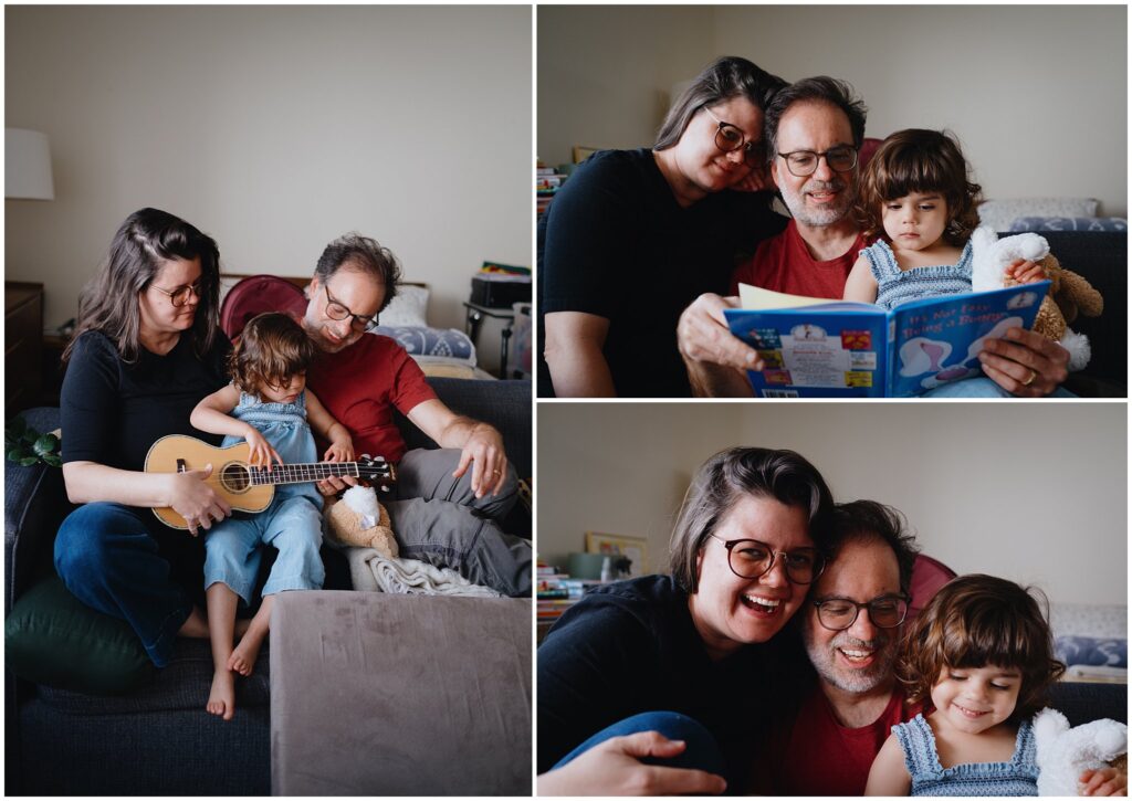 A collage of three images of a family of three; the first of two parents playing guitar with their toddler daughter, the other two images of the three of them reading a book.