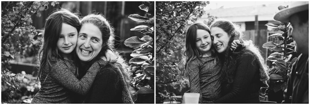 photo collage with two black & white images of mother and daughter outside