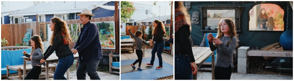 photo collage of a young girl dancing outside with her parents