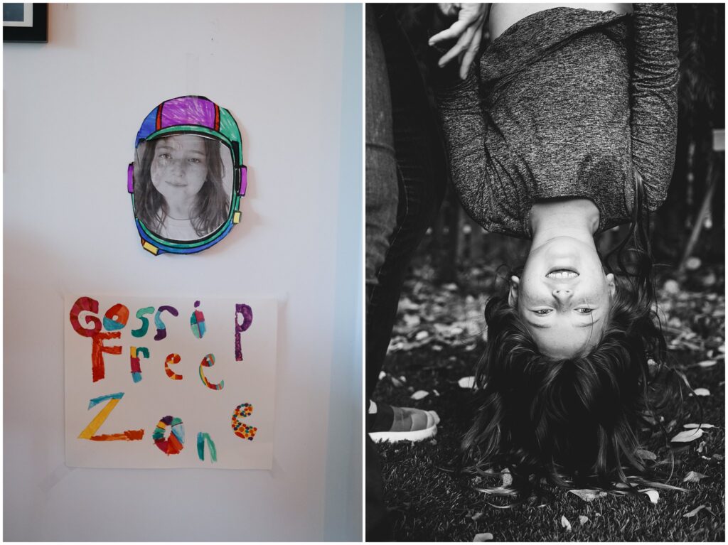 photo collage of artwork made by a young girl and a black & white image of a girl hanging upside down.