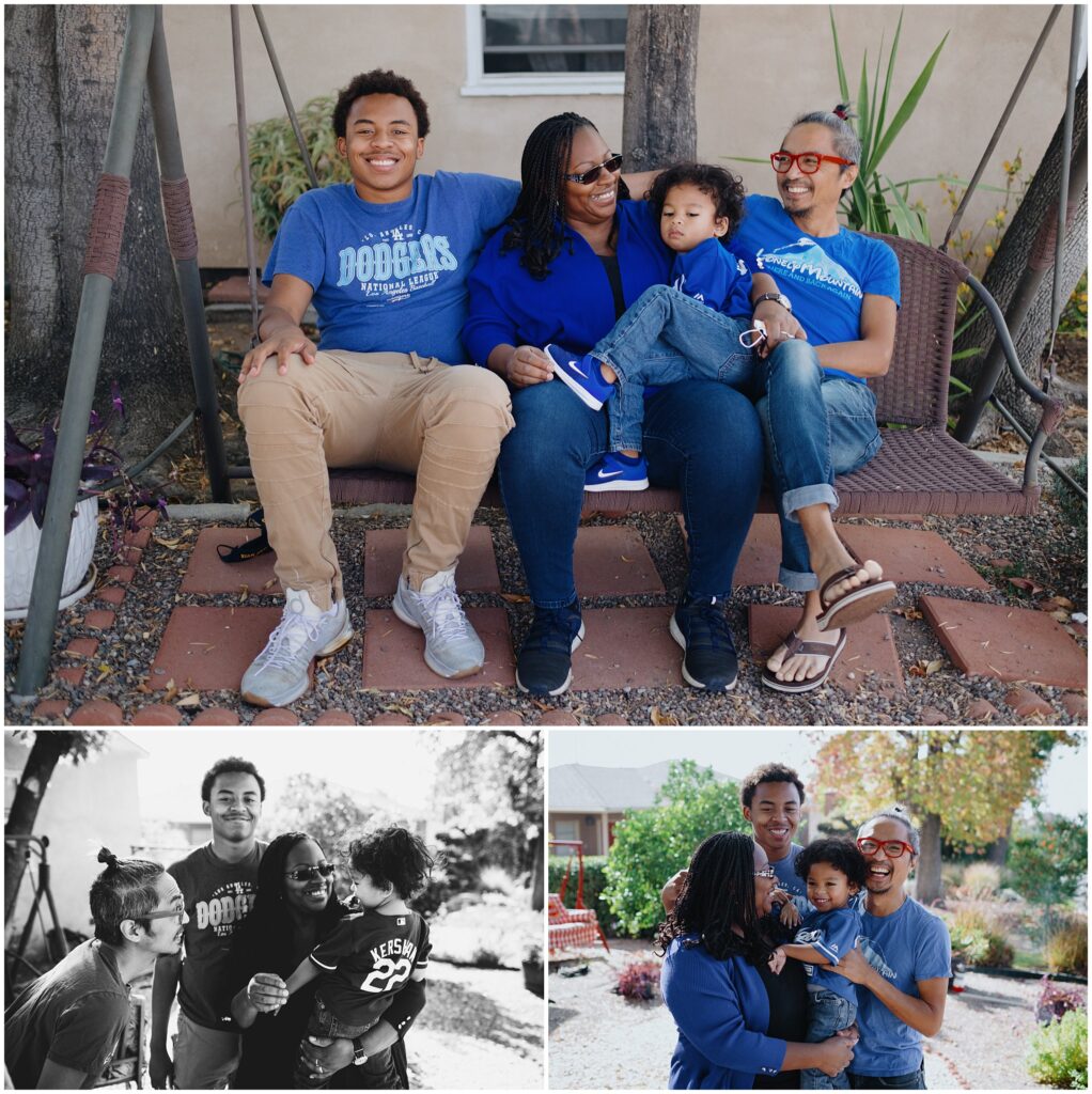 Photo collage containing three photos of a blended family: a teenager, mom, toddler, and dad. 