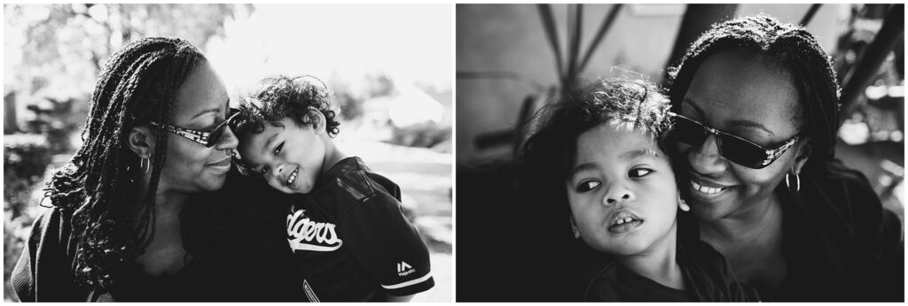 Two black & white photos of a mom and her toddler son. 