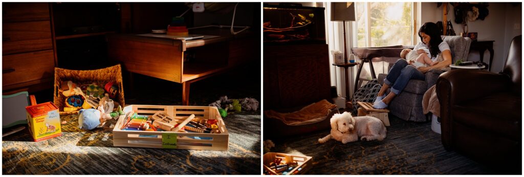 2-photo collage of a home at sundown. The photo on the left shows labeled items belonging to a baby (instruments, toys, music box) and the photos on the right shows a mom breastfeeding her baby in a nursing chair while their pup sits at her feet.