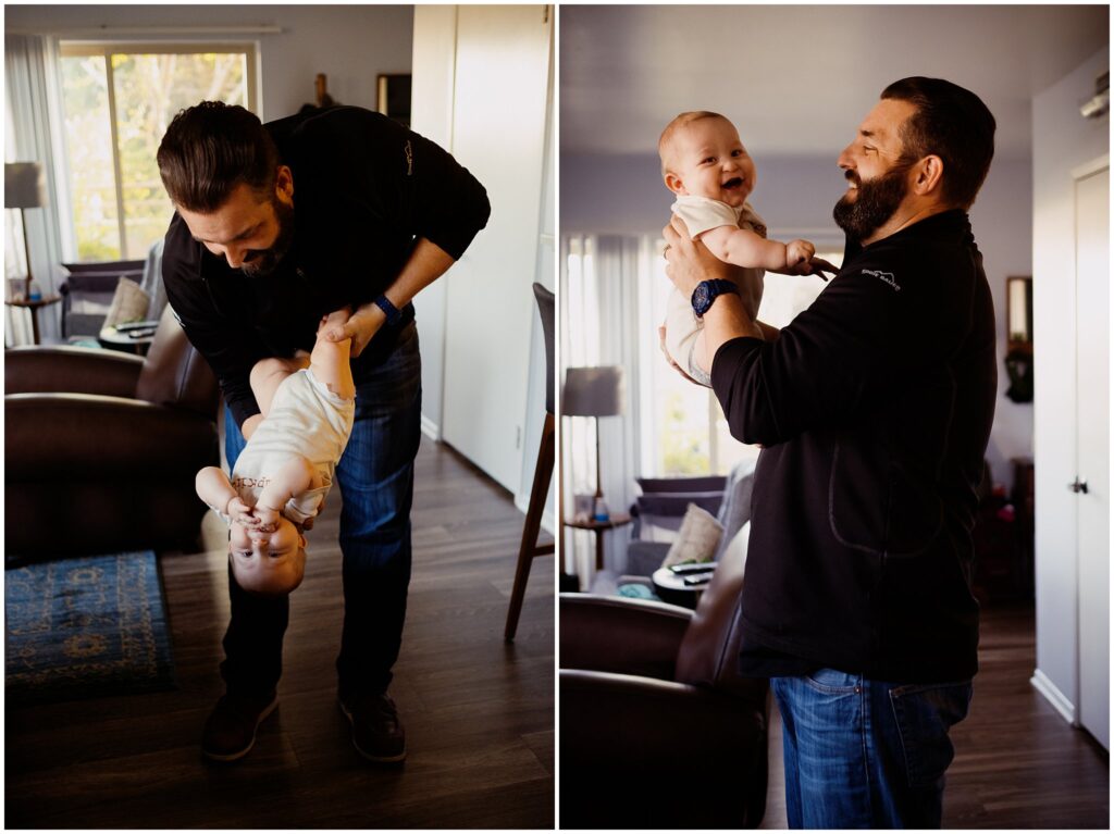 Two vertical photos of dad playing with his baby boy. 