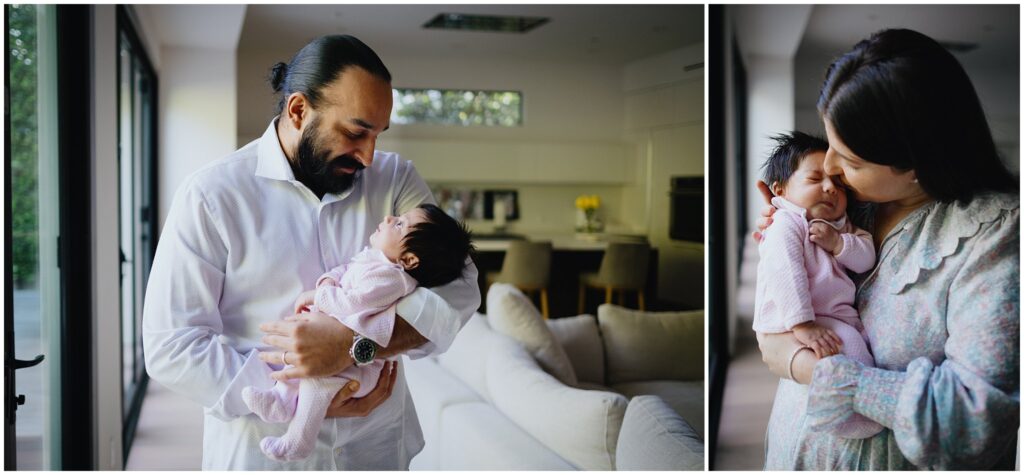 Two photos: On the left, dad lovingly gazes at his newborn baby girl. On the right, Mom kisses her newborn baby on the forehead. 