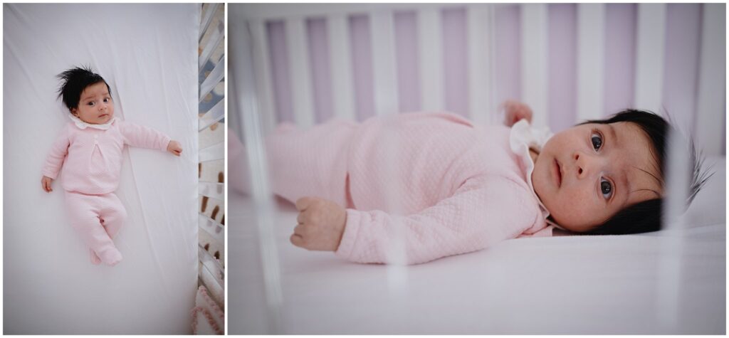 Two photos: On the left, overhead crib photo of a newborn baby girl in a pink outfit. On the right, the same newborn photographed through the crib bars. 