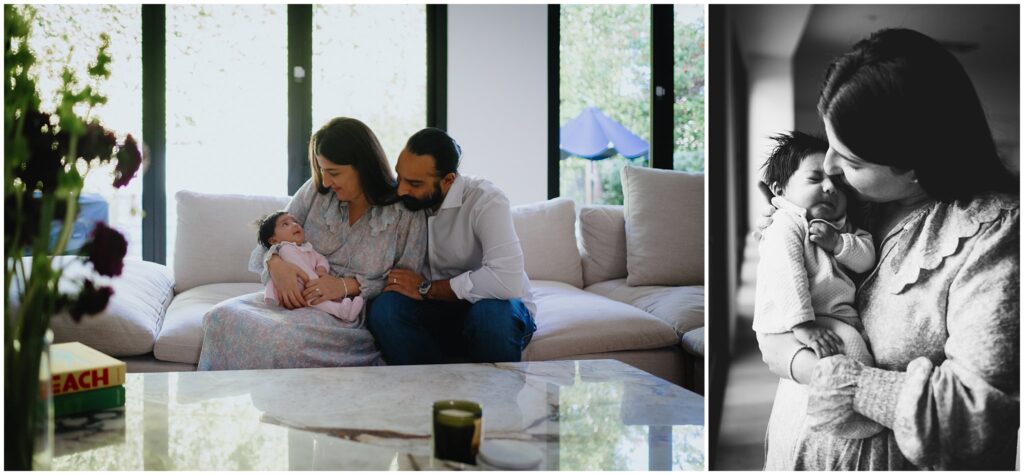 Two image collage. On the left, parents sit on the couch with their newborn baby girl. On the right, and black and white photo of mom kissing her baby on the forehead. 