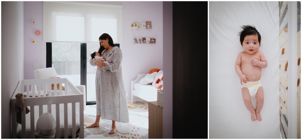 On the left, a wide-angle photo of a new mom holding her newborn baby while standing in the nursery. On the right, that same newborn baby photographed in the crib from above, down to the diaper. 