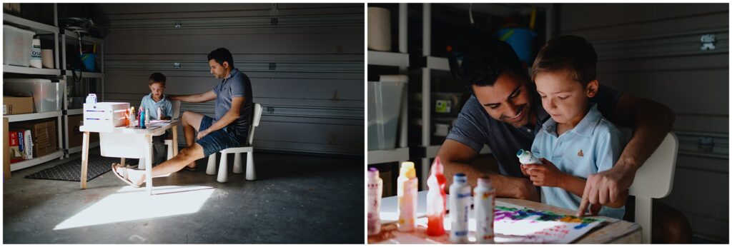 A photo collage with two photos: on the left, a wide shot of a dad in the garage with his 5-year-old son doing crafts. On the right, a close-up photo of the same scene with dad reaching around his son, embracing him, as they paint together. 