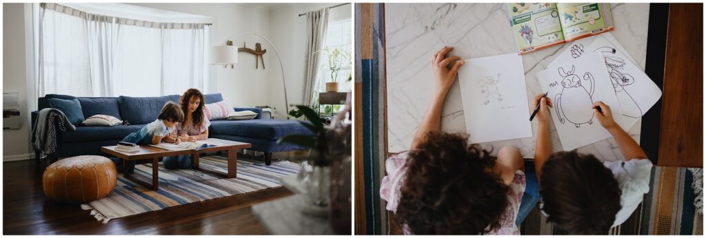 On the left, a wide-angle image of a single mom and her son drawing together in their living room. On the right, and overhead image of their drawings. 