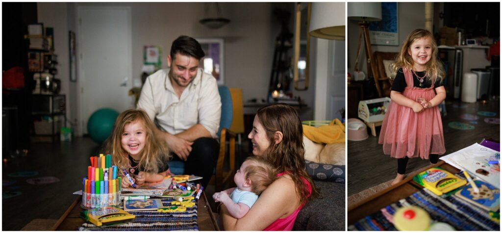 Photo collage of family of 4 - mom, dad, toddler girl, and newborn baby boy, coloring together in their living room. 