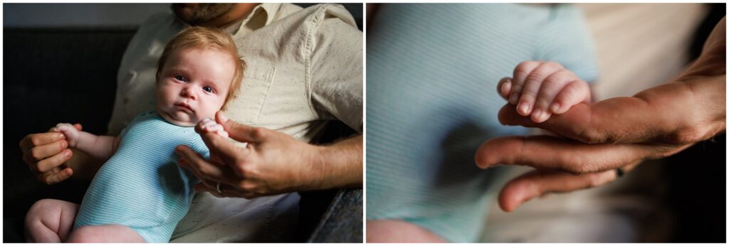 Photo collage of newborn baby boy, ginger with blue eyes, and a close-up of baby's hand holding dad's finger. 