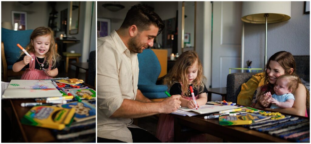 Photo collage of family of 4 - mom, dad, toddler girl, and newborn baby boy, coloring together in their living room. 