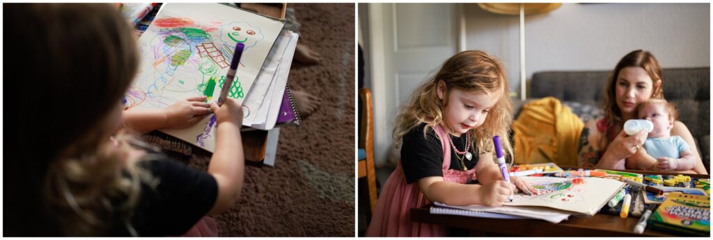 Photo collage with one close-up image of a toddler's drawings, and a wide photo of the toddler girl drawing at the coffee table with her mom and newborn baby brother. 
