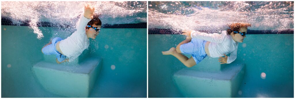 Two underwater photos of a young boy swimming happily in a pool. 