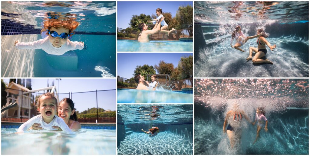 Photo collage of underwater pool family sessions. 