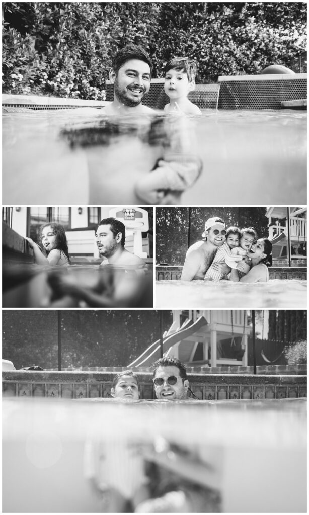 Black & white photos collage of families swimming in their pools. 