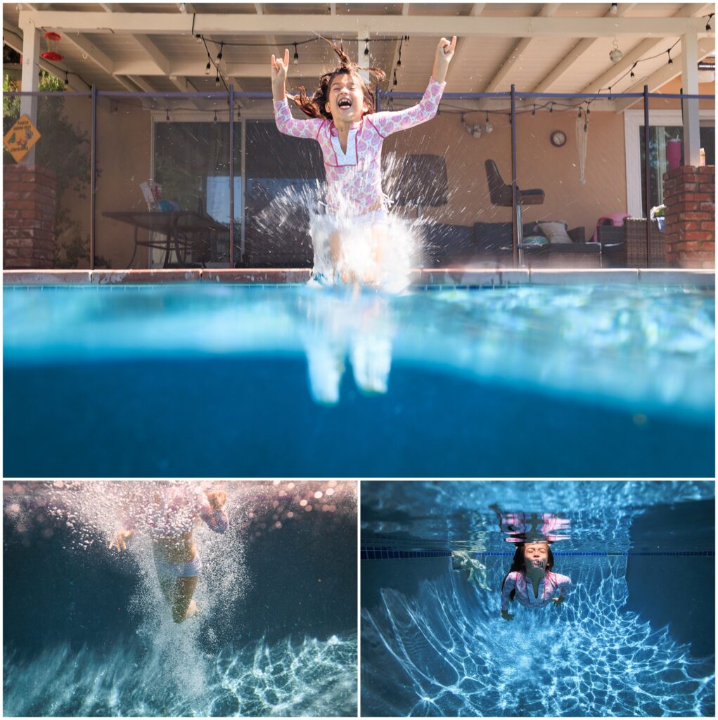 Three-photo collage of a young girl jumping into her swimming pool. Two photos are from an underwater perspective. 