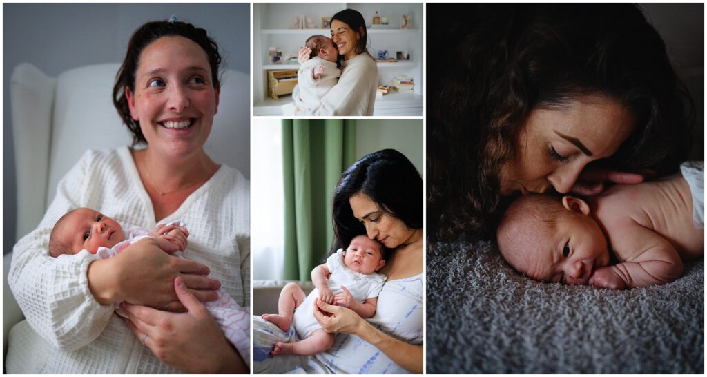 Photo collage with four photos of moms with their young kids. 