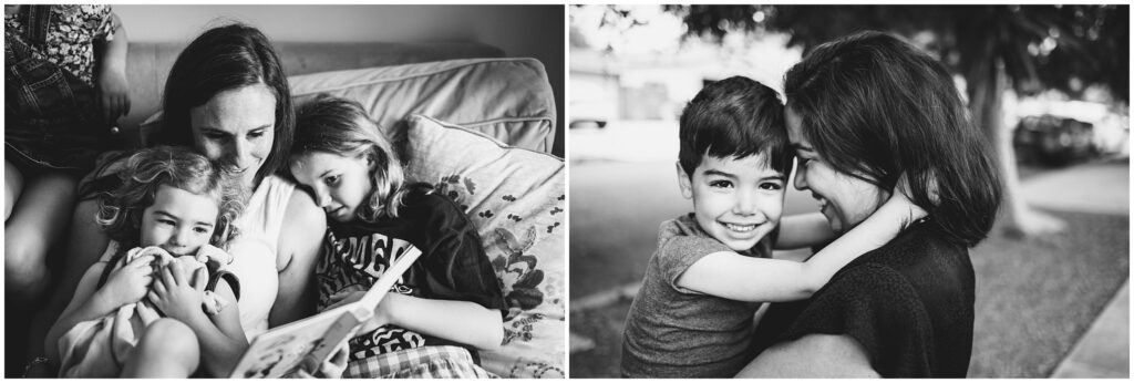 2 black & white photos of moms with their kids during at-home family photo sessions in Los Angeles. 