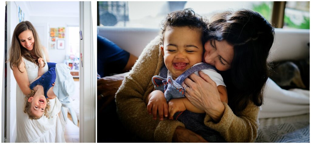 Two photos of moms joyfully holding their young kids close during at-home family photo sessions. 