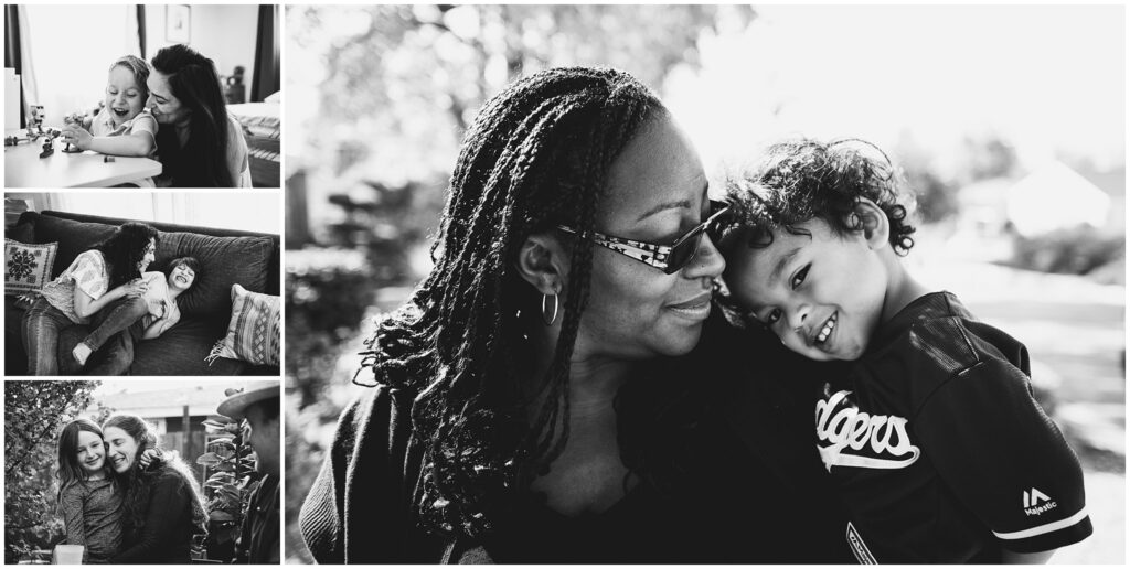 Black & white collage of moms in the photos with their kids. 