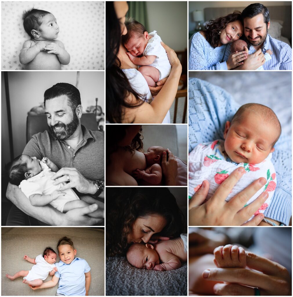 Photo collage including: close-up of baby and mama's hands, newborn portraits, breastfeeding, and two parents with their newborn baby.