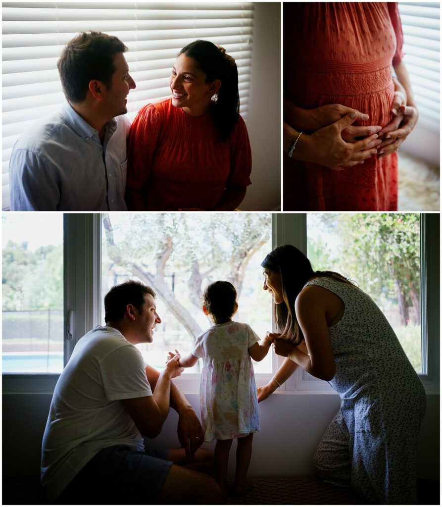 Collage of images from an at-home maternity session. Two photos just of the couple highlighting the baby bump, and one photo of the couple with their toddler daughter. 