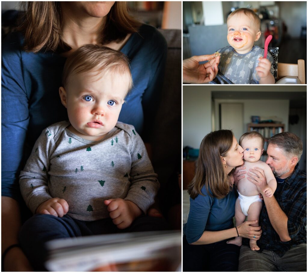 Three-photo collage of a 6-month old baby boy with his parent at their home. 