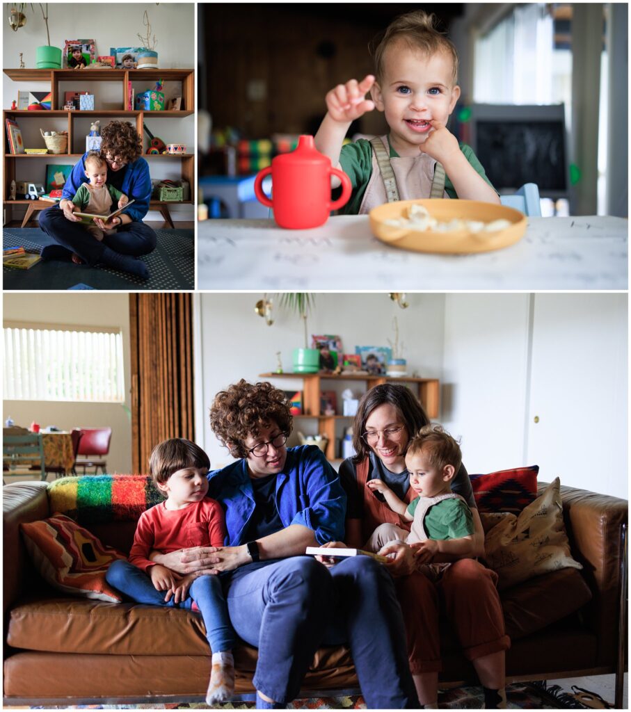 Three-photo collage of a family of two moms spending time with their toddler boy and baby girl at home. A perfect example of why parents should book family photos now and now later. 