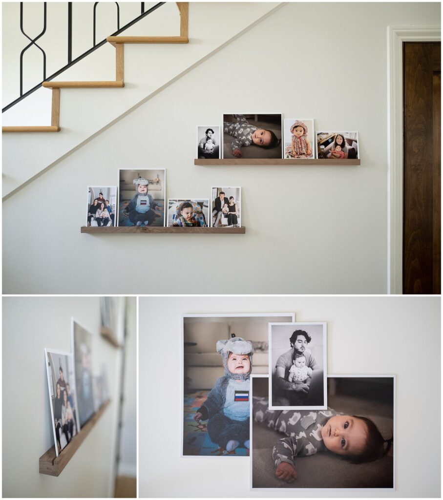 Photo collage displaying photo ledge and mounted prints.