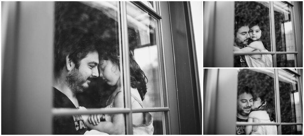 Black and white photo collage of a dad with his toddler daughter, shot through a window. 