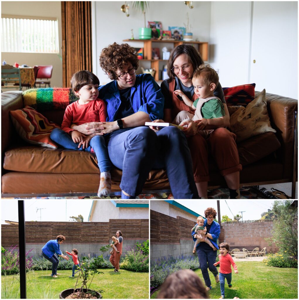 Photo collage of a family of four engaging with each other; first reading on the couch, then running and playing outside. 