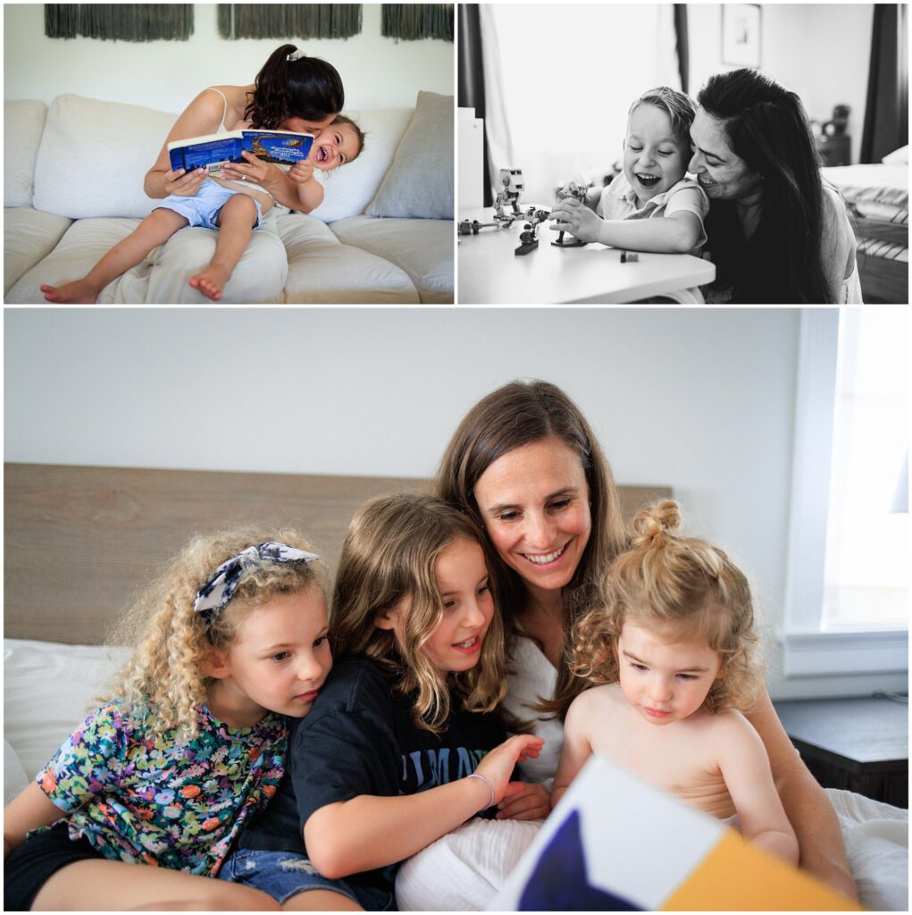 Photo collage of moms snuggling and interacting with their kids at at-home family sessions. 