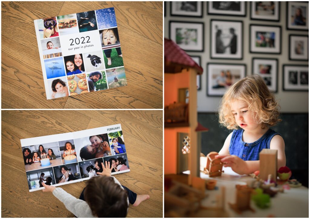 Photo collage featuring a fine art album and a toddler boy playing in front of a wall with mounted prints. 
