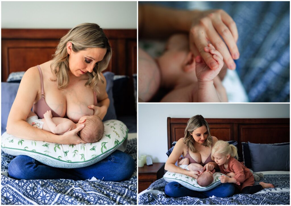A collection of three images from an at-home newborn session including a mother breastfeeding, a close-up of the baby holding his mom's finger, and a portrait including an older toddler sister.