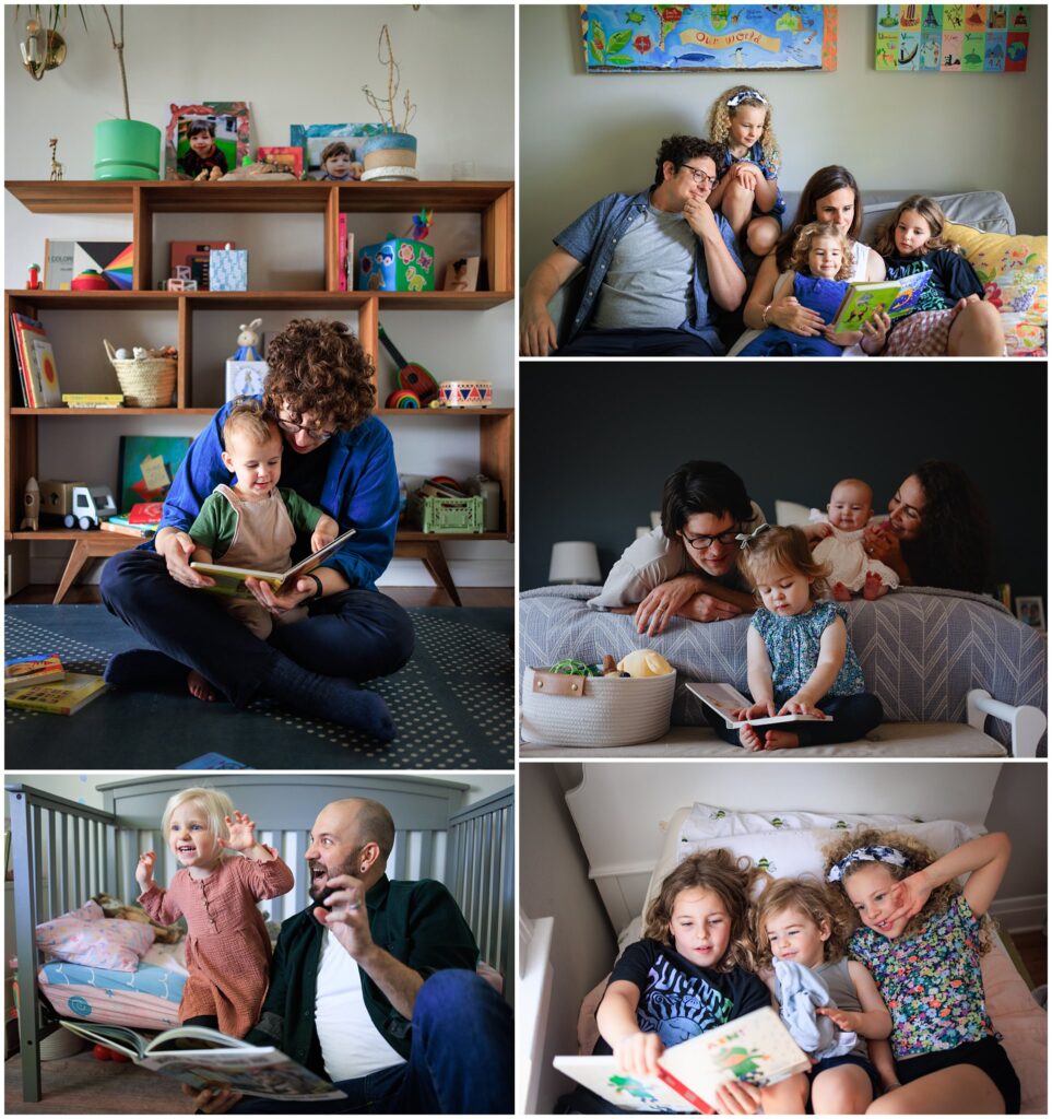 Photo collage of parents reading books with their kids as an example of activities  for at-home family photos.