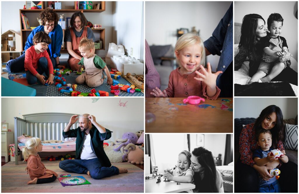 Photo collage of parents playing games with their kids during in-home family photo sessions in Los Angeles.