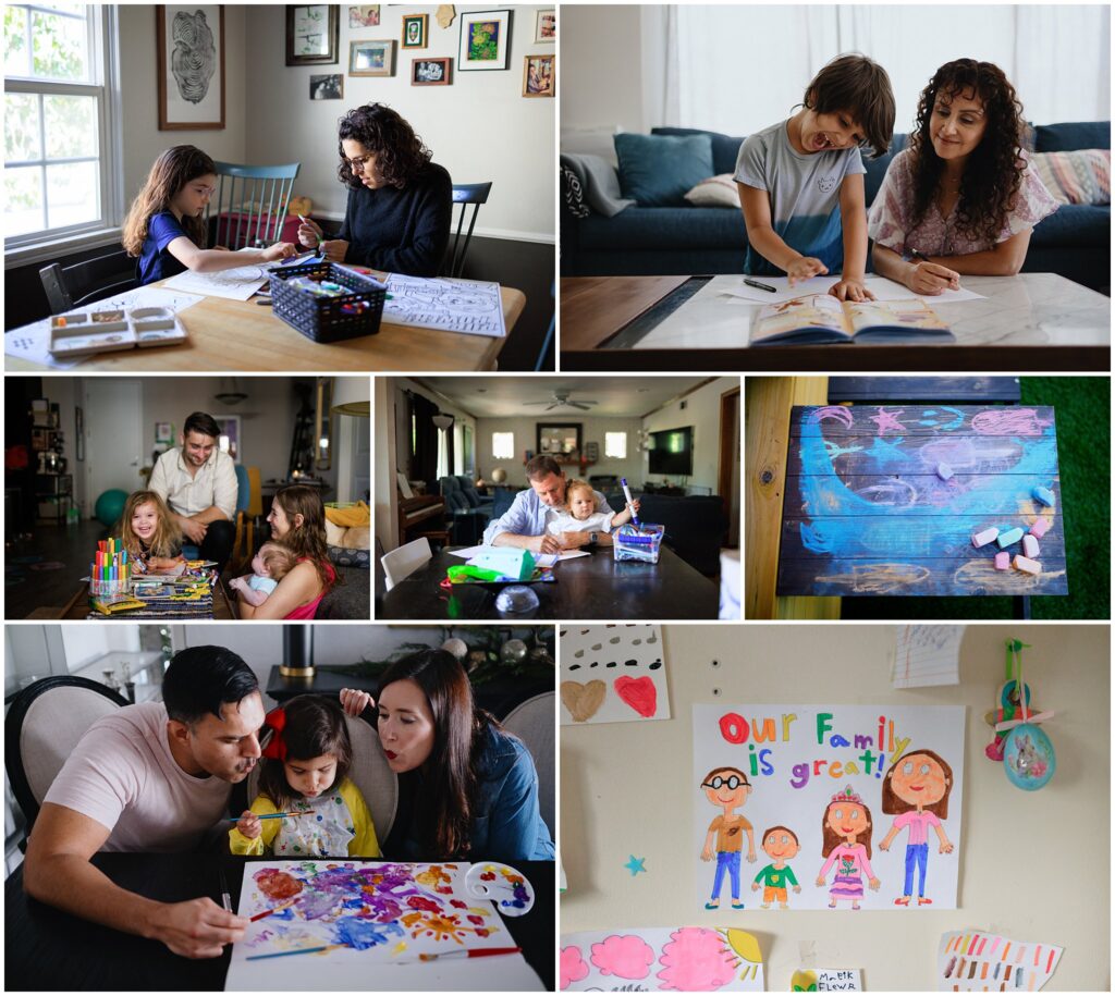 Photo collage of parents doing arts and crafts with their kids while getting at-home family photos.  