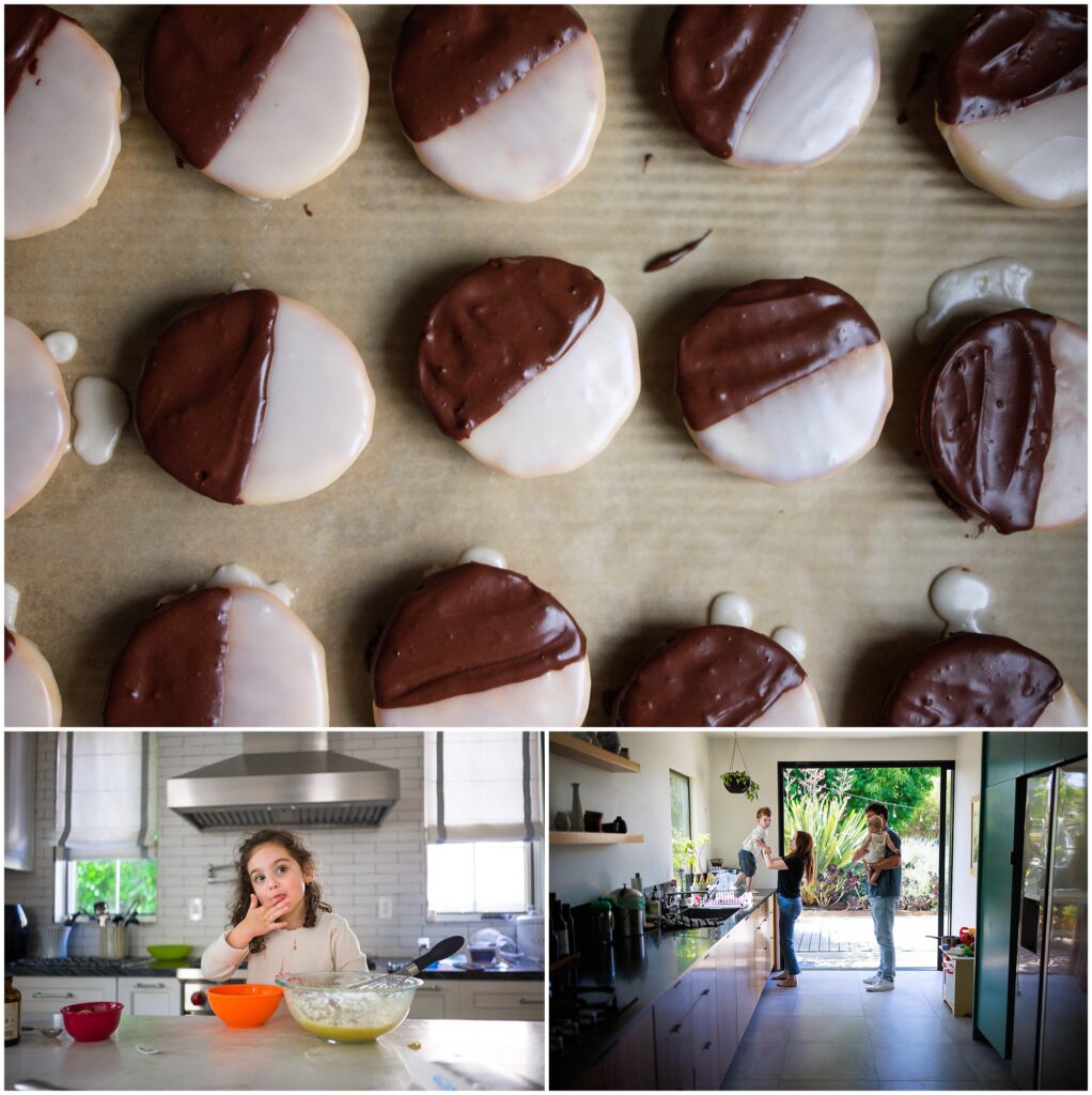 Photo collage of cookies and kids baking with their parents at at-home family photo session in Los Angeles. 