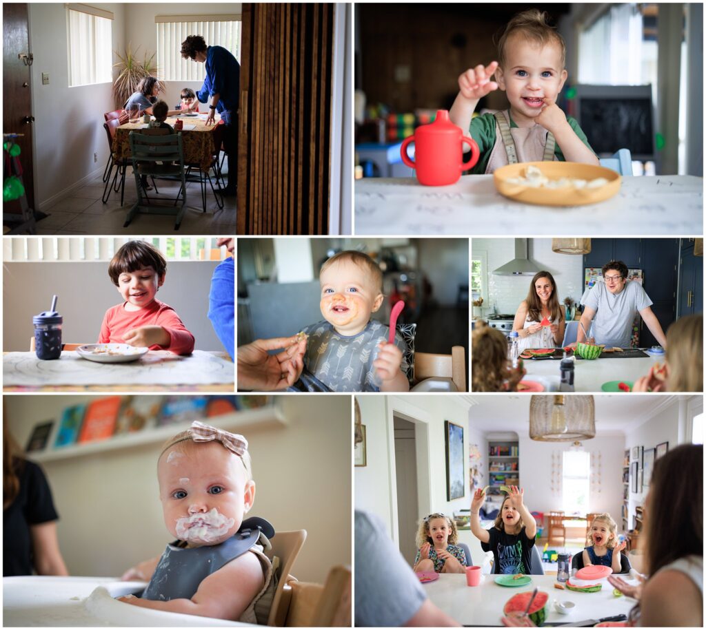 Photo collage of young families sharing meals during their at-home family photo sessions. 